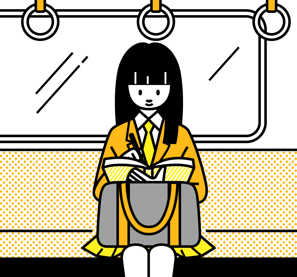 電車で本を読み勉強している女性のイラスト