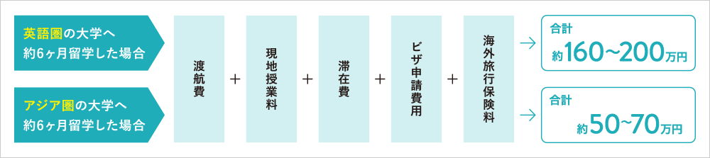英語圏の大学へ約6ヶ月留学した場合：合計約160～200万円、アジア圏の大学へ約6ヶ月留学した場合：合計約50～70万円｜渡航費+現地授業料+滞在費+ビザ申請費用+海外旅行保険料